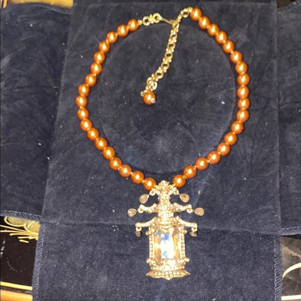 Heidi Daus Imperial Pagoda Topaz Brown Pearl Beaded Crystal Necklace Chinoiserie